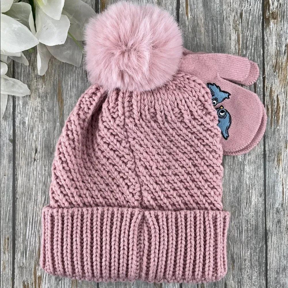 Baby Toddler Disney Princess Pink Knit Beanie and Mittens Set